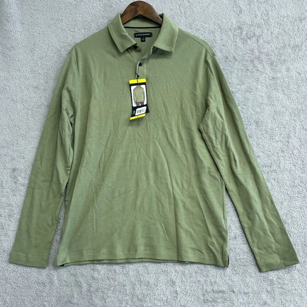 NEW Banana Republic Men's S Long Sleeve Luxe Touch Polo Shirt Green Cotton
